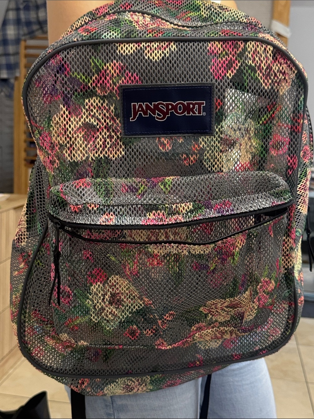 JanSport Gray Mesh Floral Backpack with Pink & Green Accents - Picture 2 of 9